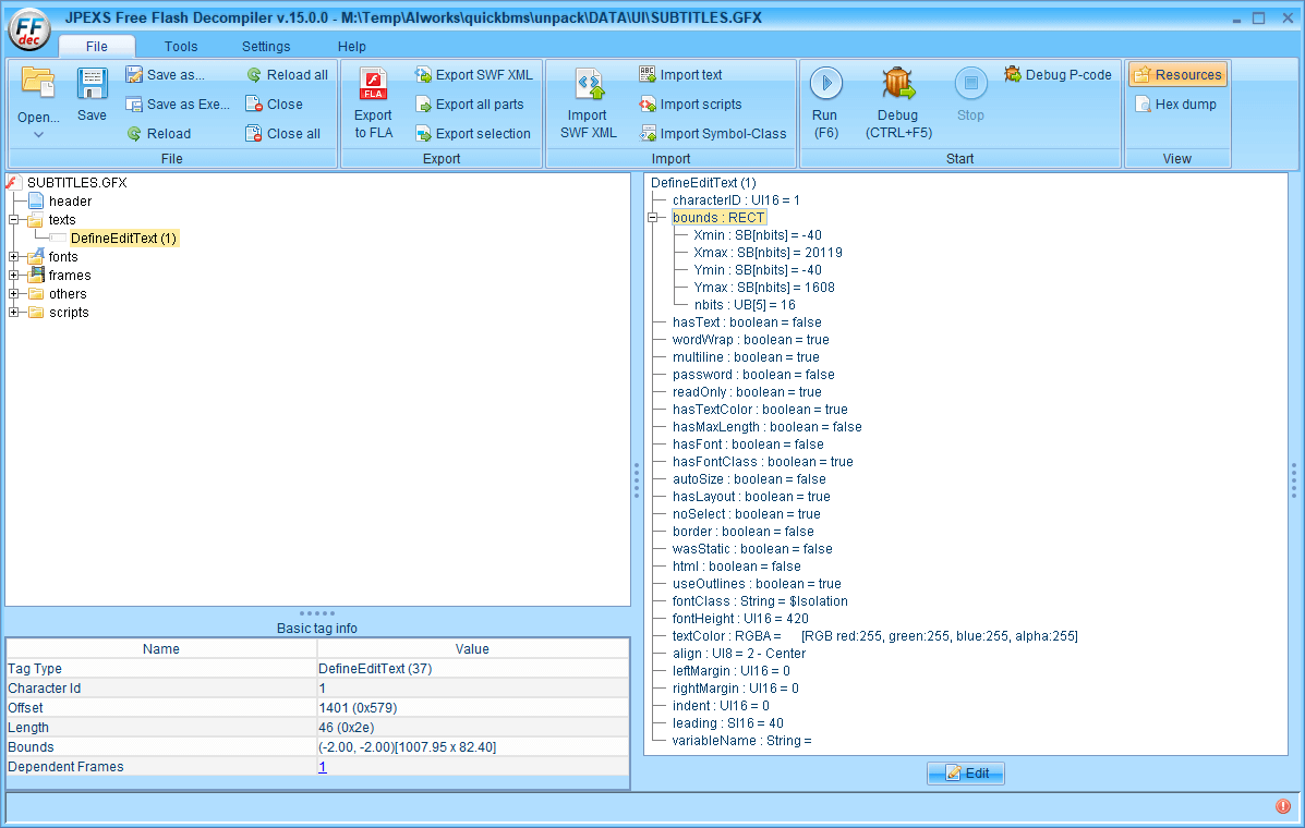 PC ゲーム ALIEN: ISOLATION 日本語化とゲームプレイ最適化メモ、PC ゲーム ALIEN: ISOLATION 解析情報、ALIEN: ISOLATION フォントサイズ変更方法、文字が表示されない場合の調整方法、FFDec で SUBTITLES.GFX ファイルを開き、ツリー画面の texts フォルダにある DefineEditText を右クリックから Raw edit を選択、bounds : RECT にある Ymin 値か Ymax 値を調整