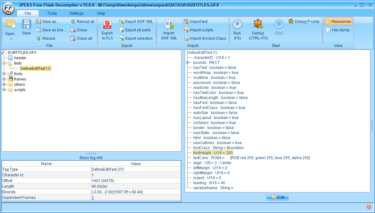 PC ゲーム ALIEN: ISOLATION 日本語化とゲームプレイ最適化メモ、PC ゲーム ALIEN: ISOLATION 解析情報、ALIEN: ISOLATION フォントサイズ変更方法、FFDec で SUBTITLES.GFX ファイルを開き、ツリー画面の texts フォルダにある DefineEditText を右クリックから Raw edit を選択、ツリー画面の texts フォルダにある DefineEditText を右クリックから Raw edit を選択後、画面右側に表示される各種パラメーター、fontHeight : UI16 = 280 がフォントサイズ