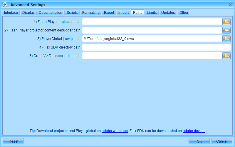 PC ゲーム Creeper World: Anniversary Edition 日本語化と JPEXS Free Flash Decompiler を使ったファイル解析メモ、デコンパイラ JPEXS Free Flash Decompiler（FFDec） 基本機能・初期設定・使い方、スクリプトの編集とインポート機能を使うのに必要な PlayerGlobal（.swc） 設定方法、Advanced Settings 画面の Paths タブにある 3) PlayerGlobal (.swc) path に Adobe Flash Player Support Center からダウンロードした playerglobal32_0.swc ファイルが置いてあるパス名を設定