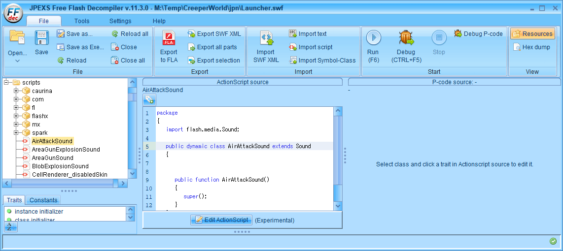 PC ゲーム Creeper World: Anniversary Edition 日本語化と JPEXS Free Flash Decompiler を使ったファイル解析メモ、デコンパイラ JPEXS Free Flash Decompiler（FFDec） 基本機能・初期設定・使い方、スクリプトの編集とインポート機能を使うのに必要な PlayerGlobal（.swc） 設定方法、FFDec で開いた swf ファイルの scrips フォルダにあるスクリプトを開いて Edit ActionScript （Experimental） ボタンを押してもメッセージが表示されて編集できない