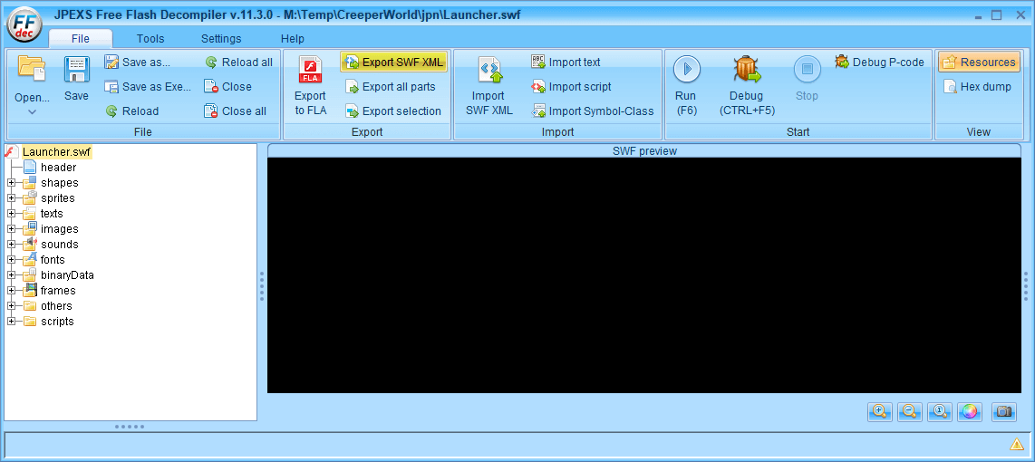 PC ゲーム Creeper World: Anniversary Edition 日本語化と JPEXS Free Flash Decompiler を使ったファイル解析メモ、デコンパイラ JPEXS Free Flash Decompiler（FFDec） を使った Creeper World: Anniversary Edition 日本語化方法、FFDec の SWF XML エクスポート・インポートを使った英語版 Creeper World: Anniversary Edition 日本語化方法、FFDec で日本語化された Launcher.swf ファイルを開き、File タブにある Export SWF XML ボタンをクリックして swf.xml ファイルをエクスポート