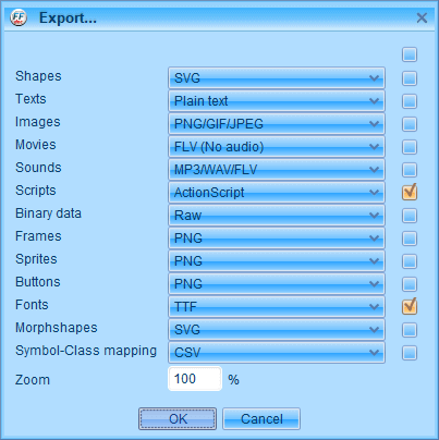PC ゲーム Creeper World: Anniversary Edition 日本語化と JPEXS Free Flash Decompiler を使ったファイル解析メモ、デコンパイラ JPEXS Free Flash Decompiler（FFDec） 基本機能・初期設定・使い方、swf ファイル - エクスポート方法、FFDec で swf ファイルを開いている状態で File タブにある Export all parts ボタンをクリック、エクスポートしたいカテゴリにチェックマーク
