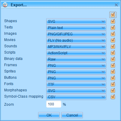 PC ゲーム Creeper World: Anniversary Edition 日本語化と JPEXS Free Flash Decompiler を使ったファイル解析メモ、デコンパイラ JPEXS Free Flash Decompiler（FFDec） 基本機能・初期設定・使い方、swf ファイル - エクスポート方法、FFDec で swf ファイルを開いている状態で File タブにある Export all parts ボタンをクリック、エクスポートしたいカテゴリとファイルタイプを選択（デフォルトですべてチェックマーク入り）