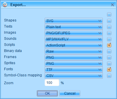 PC ゲーム Creeper World: Anniversary Edition 日本語化と JPEXS Free Flash Decompiler を使ったファイル解析メモ、デコンパイラ JPEXS Free Flash Decompiler（FFDec） 基本機能・初期設定・使い方、swf ファイル - エクスポート方法、FFDec で swf ファイルを開いている状態で、フォルダツリーに表示されている swf ファイルを選択した状態で File タブにある selection ボタンをクリック、エクスポートしたいカテゴリにチェックマーク