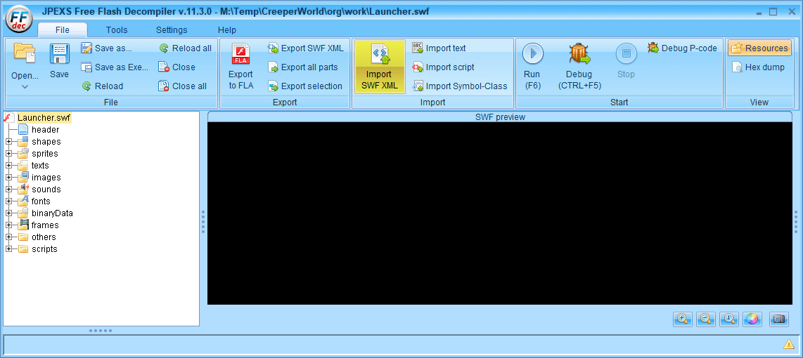 PC ゲーム Creeper World: Anniversary Edition 日本語化と JPEXS Free Flash Decompiler を使ったファイル解析メモ、デコンパイラ JPEXS Free Flash Decompiler（FFDec） を使った Creeper World: Anniversary Edition 日本語化方法、FFDec の SWF XML エクスポート・インポートを使った英語版 Creeper World: Anniversary Edition 日本語化方法、FFDec で英語版 Launcher.swf ファイルを開き File タブにある Import SWF XML ボタンをクリックして、エクスポートした swf.xml ファイルをインポート