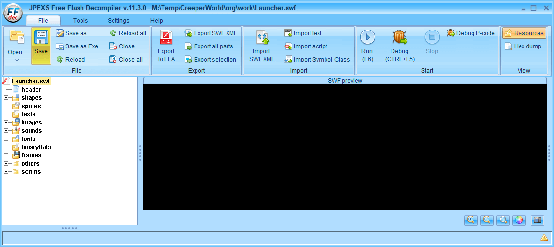 PC ゲーム Creeper World: Anniversary Edition 日本語化と JPEXS Free Flash Decompiler を使ったファイル解析メモ、デコンパイラ JPEXS Free Flash Decompiler（FFDec） を使った Creeper World: Anniversary Edition 日本語化方法、FFDec の SWF XML エクスポート・インポートを使った英語版 Creeper World: Anniversary Edition 日本語化方法、FFDec で英語版 Launcher.swf ファイルを開き File タブにある Import SWF XML ボタンをクリックして、エクスポートした swf.xml ファイルをインポート後、Save ボタンで保存