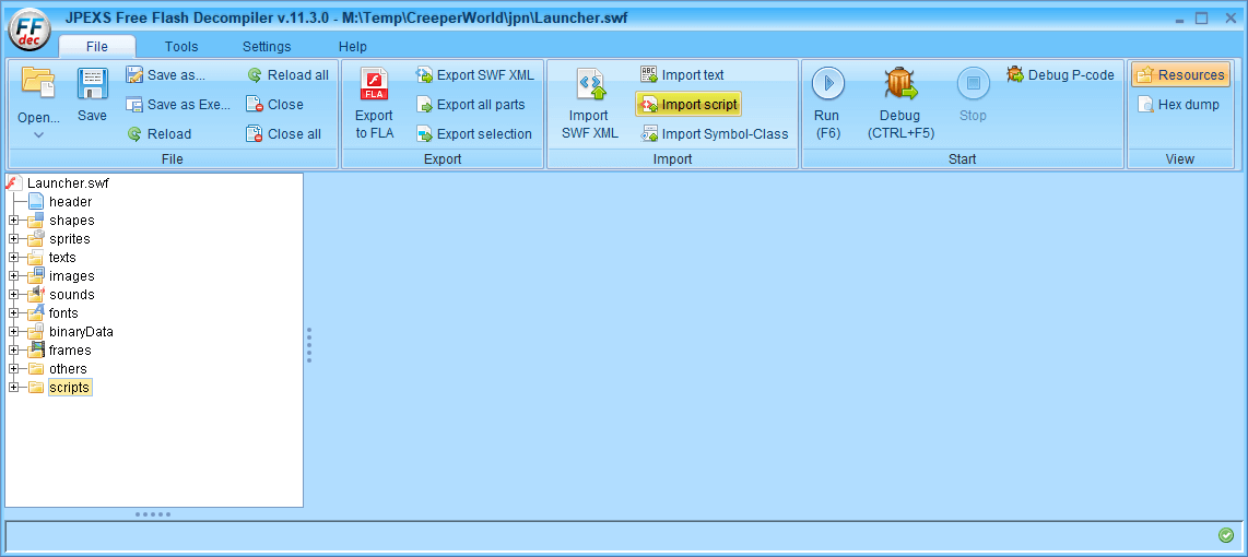 PC ゲーム Creeper World: Anniversary Edition 日本語化と JPEXS Free Flash Decompiler を使ったファイル解析メモ、デコンパイラ JPEXS Free Flash Decompiler（FFDec） 基本機能・初期設定・使い方、スクリプトの編集とインポート機能を使うのに必要な PlayerGlobal（.swc） 設定方法、FFDec で開いた swf ファイルを File タブにある Import script ボタンをクリックしてもメッセージが表示されて実行できない