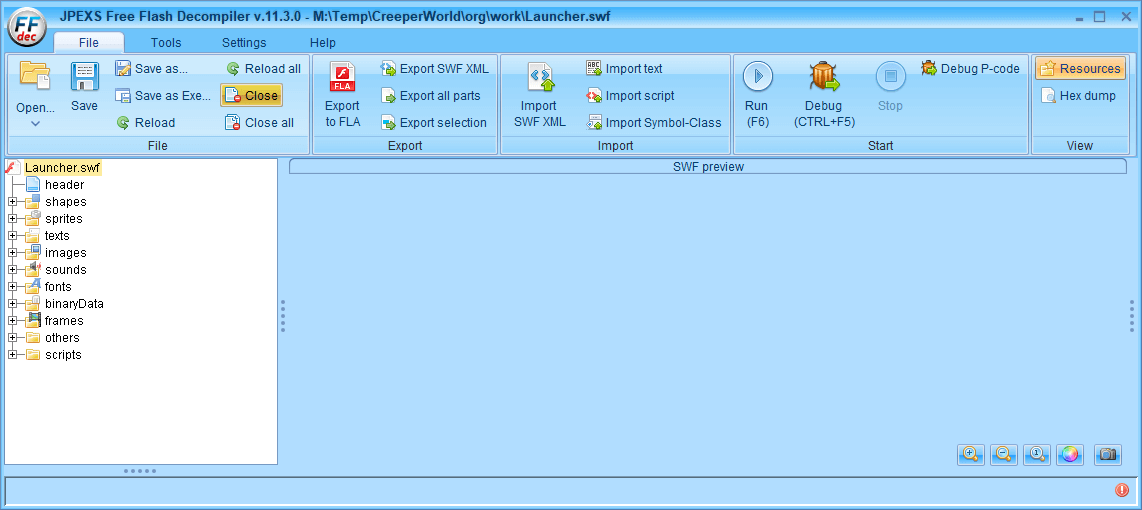 PC ゲーム Creeper World: Anniversary Edition 日本語化と JPEXS Free Flash Decompiler を使ったファイル解析メモ、デコンパイラ JPEXS Free Flash Decompiler（FFDec） 基本機能・初期設定・使い方、swf ファイルの開き方と閉じ方、FFDec で開いた swf ファイルは FFDec を閉じても次回開いたときに前回開いた swf ファイルを開くようになっている、swf ファイルを閉じるには File タブにある Close ボタンまたは Close all ボタンをクリックすることで swf ファイルを閉じる