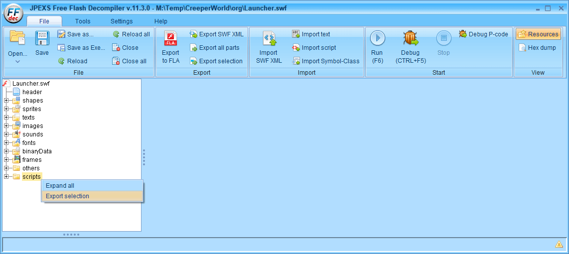 PC ゲーム Creeper World: Anniversary Edition 日本語化と JPEXS Free Flash Decompiler を使ったファイル解析メモ、デコンパイラ JPEXS Free Flash Decompiler（FFDec） 基本機能・初期設定・使い方、swf ファイル - エクスポート方法、FFDec で swf ファイルを開いている状態で、フォルダツリーに表示されているエクスポートしたいカテゴリフォルダを右クリックして Export selection をクリック