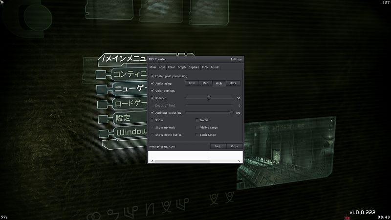 PC ゲーム DEAD SPACE（2008年版）日本語化とゲームプレイ最適化メモ、PC ゲーム DEAD SPACE（2008年版）ゲームプレイ最適化情報、FPS Counter And Post Processing Effects Mod、キーボードの F12 キーで FPS Counter 画面表示、Post タブ画面、ポストプロセス設定・アンチエイリアス設定