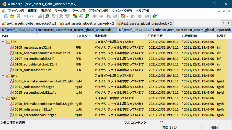 PC ゲーム旧版 DEAD SPACE シリーズ（2008～2013）日本語化ファイル解析情報、PC ゲーム DEAD SPACE（2008）日本語化ファイル解析メモとアンパック・解析データ公開、アンパックした text_assets_global.str ファイル比較（オリジナル版と日本語化ファイル）、アンパックした text_assets_global.str ファイル比較（オリジナル版と日本語化ファイル）、アンパックした text_assets_global.str ファイル比較（DS1JP720.exe と DS1JP720br.exe）WinMerge 比較結果、比較結果は FFN・tg4d・tg4h 各フォルダにある briemakademistdsemibold32・rotissansserif32・serpentinebold32 ファイルと、FFN フォルダにある 0105_russellsquare32.inf・0108_eurostileltstdbold32.inf のファイル名があるファイルで差分あり