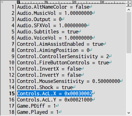 PC ゲーム DEAD SPACE 2（2011年版）日本語化とゲームプレイ最適化メモ、PC ゲーム DEAD SPACE 2（2011年版）ゲームプレイ最適化情報、クリア特典武器・スーツ＆難易度ハードコアアンロック方法、settings.txt ファイルの Controls.AcL.X = 0x00010002 を 2進数 17ビット目反転 → 16進数変換、Windows の電卓（プログラマー）を起動して HEX を選択して 16進数を入力（ここでは 10002）、ビット反転キーパッドボタンをクリックして 2進数表記に変更、17ビット目の 0 をクリックして 1 に変更後 HEX が 30002 に更新、更新された 16進数（ここでは 30002）をコピーして settings.txt ファイルの Controls.AcL.X = 0x00030002 に書き換えて保存