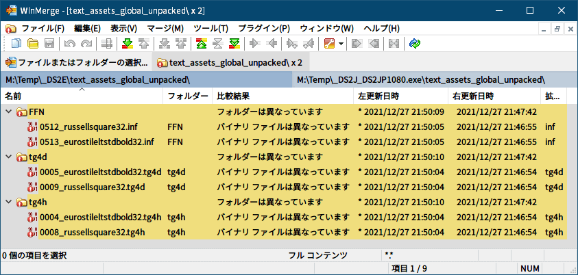 PC ゲーム旧版 DEAD SPACE シリーズ（2008～2013）日本語化ファイル解析情報、PC ゲーム DEAD SPACE 2（2011）日本語化ファイル解析メモとアンパック・解析データ公開、アンパックした text_assets_global.str ファイル比較（オリジナル版と日本語化ファイル）、アンパックした text_assets_global.str ファイル比較（オリジナル版と DS2JP1080.exe）WinMerge 比較結果、比較結果は FFN・tg4d・tg4h 各フォルダにある russellsquare32・eurostileltstdbold32 のファイル名があるファイルで差分あり