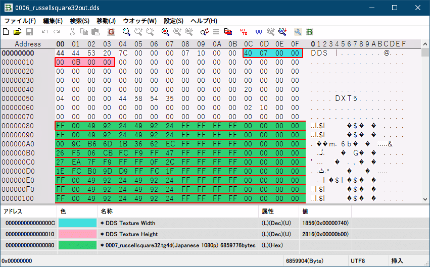 PC ゲーム旧版 DEAD SPACE シリーズ（2008～2013）日本語化ファイル解析情報、PC ゲーム DEAD SPACE 3（2013）日本語化ファイル解析メモとアンパック・解析データ公開、Noesis ツールを使ったビットマップフォント（tg4h と tg4g ファイル）エクスポート方法、0006_russellsquare32out.dds ファイルフォーマット FavBinEdit ウォッチデータ、アドレス 0x0C ～ 0x0F 4バイトがテクスチャ画像の横幅、0x10 ～ 0x03 4バイトがテクスチャ画像の高さ、アドレス 0x80 以降はすべて tg4d ファイルのバイナリデータ