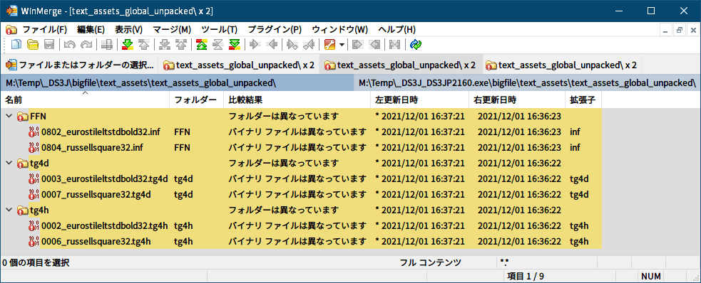PC ゲーム旧版 DEAD SPACE シリーズ（2008～2013）日本語化ファイル解析情報、PC ゲーム DEAD SPACE 3（2013）日本語化ファイル解析メモとアンパック・解析データ公開、アンパックした text_assets_global.str ファイル比較（オリジナル版と日本語化ファイル）WinMerge 比較結果、アンパックした bigfile4.viv 解像度別日本語化ファイル比較（DS3JP1080.exe と DS3JP2160.exe）、比較結果は FFN・tg4d・tg4h 各フォルダにある eurostileltstdbold32 と russellsquare32 のファイル名があるファイルで差分あり