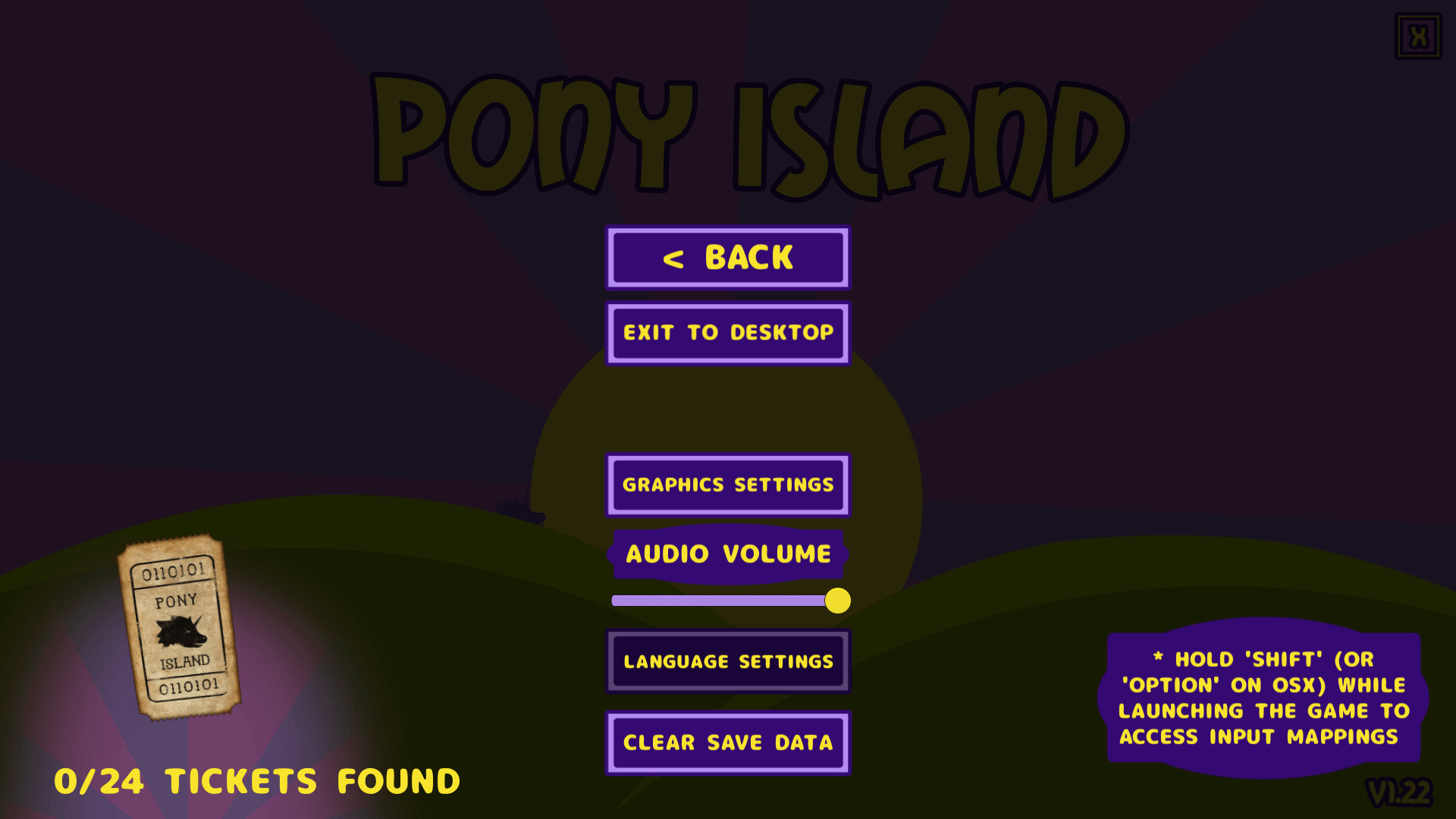 過去に公開された PC ゲーム Pony Island の日本語化ファイルを何とかして再現する方法、PC ゲーム Pony Island 日本語化方法、手順 5 ： ゲーム内言語切り替え、ゲームを起動して OPTIONS を選択 → LANGUAGE SETTINGS を選択