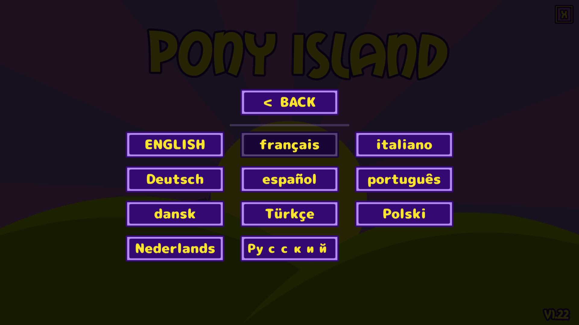 過去に公開された PC ゲーム Pony Island の日本語化ファイルを何とかして再現する方法、PC ゲーム Pony Island 日本語化方法、手順 5 ： ゲーム内言語切り替え、ゲームを起動して OPTIONS を選択 → LANGUAGE SETTINGS を選択 → français を選択