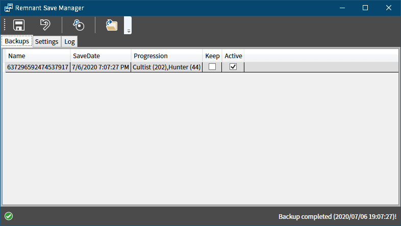 PC ゲーム Remnant: From the Ashes のセーブデータを自動的にバックアップする方法、セーブデータ自動バックアップツール : Remnant Save Manager、Remnant Save Manager の Backups タブに表示されたバックアップファイル、ゲーム起動後のキャラクターロード後に自動的にセーブデータのバックアップを開始、バックアップファイルがない状態かバックアップファイルに Active チェックマークがない場合に画面上部メニューの一番左にある保存アイコンが手動バックアップが可能