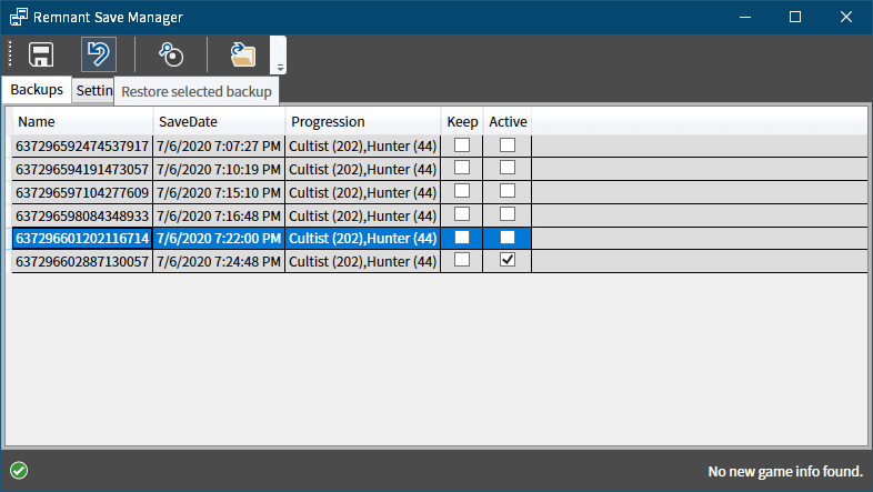 PC ゲーム Remnant: From the Ashes のセーブデータを自動的にバックアップする方法、セーブデータ自動バックアップツール : Remnant Save Manager、Remnant Save Manager の Backups タブで Active チェックマークがないバックアップファイルを選択すると画面上部メニューにある矢印アイコンからセーブデータのリストア（復元）が可能