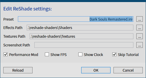 古い ReShade プリセットファイルを ReShade 4.6.0 以降で有効化する方法、ReShade Setup v4.7.0、Edit ReShade settings 画面、ゲーム内 ReShade メニューからも設定可能だが、Edit ReShade settings 画面からでも一部の初期設定が可能