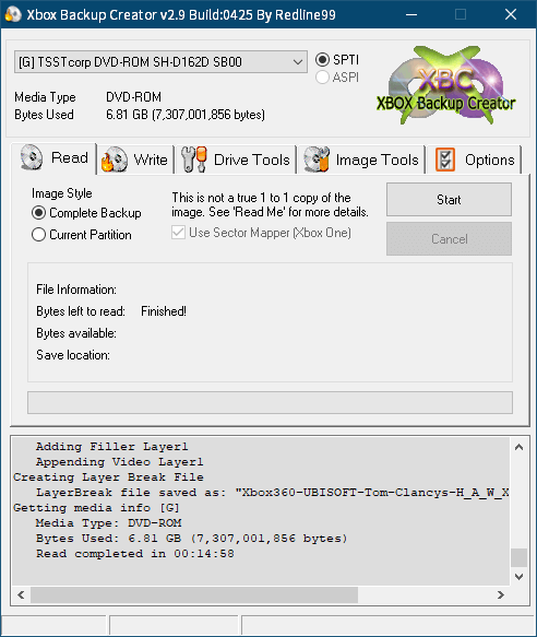 東芝サムスン製 DVD ドライブ TS-H352D の SH-D162D 化メモ、DVD ドライブ SH-D162D と Xbox Backup Creator で Xbox 360（XGD2）ディスクダンプ結果、Tom Clancy's H.A.W.X. 2（Xbox 360） ディスクバックアップ終了後 Xbox Backup Creator 画面 Bytes Used 6.81 GB - Bytes left to read : Finished!