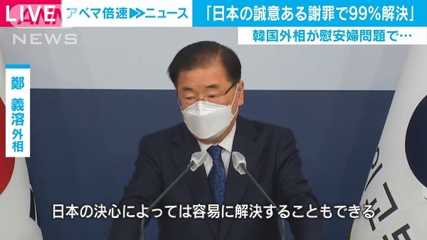 20211230韓国外相「日本が合意を守れと頑なで進展できない」！韓国国立外交院院長「約束守れは外交的無礼」