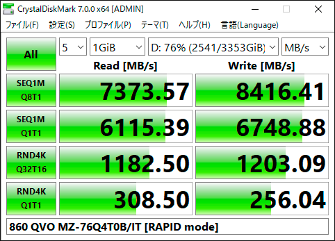 【CrystalDiskMark 7.0.0f】860 QVO MZ-76Q4T0B/IT [RAPID mode