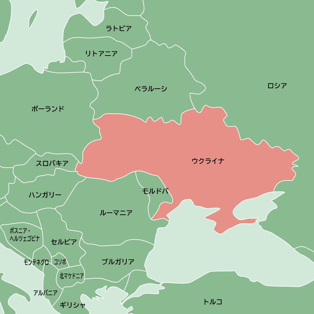 シンプルで見やすいウクライナを赤で着色した周辺の東ヨーロッパの国名入り地図素材