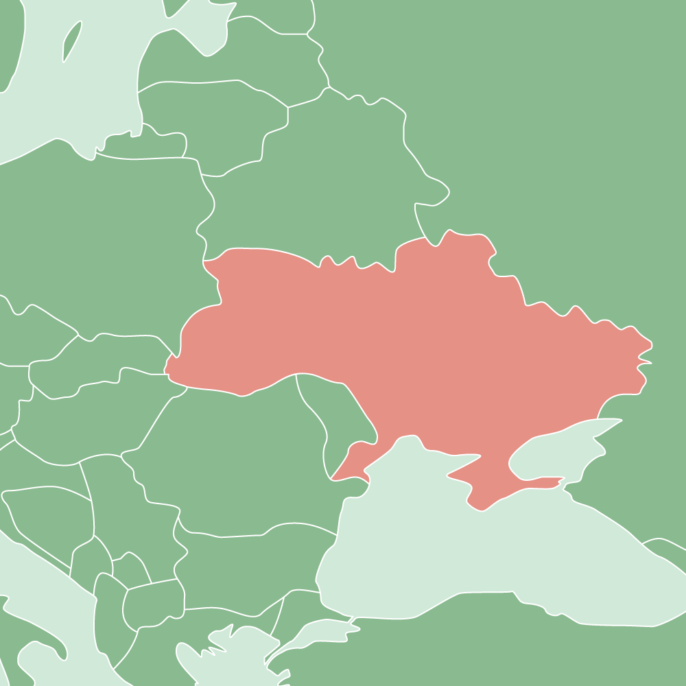 シンプルで見やすいロシアやウクライナを赤で着色した周辺の東ヨーロッパの白地図素材