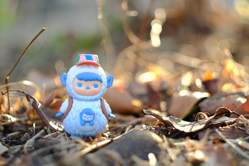 ツバキアキラが撮った、POPMART・Pucky。枯れ葉の中の雪ん子ちゃん。