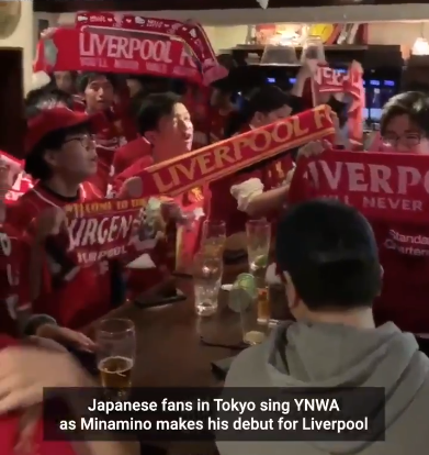 Japanese fans in Tokyo sing YNWA as Minamino makes his debut for Liverpool